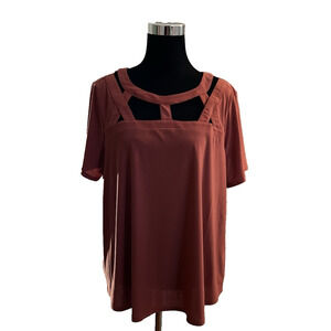 A.U.W. Womens Short Sleeve Round Neck Cutout Blouse Orange Size 2X